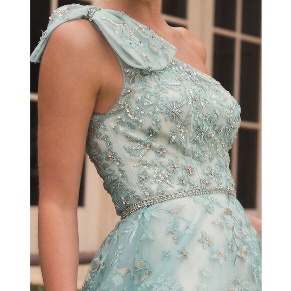 Mac Duggal 11177 Size 8 Sage Green Embellished Bow One Shoulder Aline Gown Dress - Picture 4 of 6